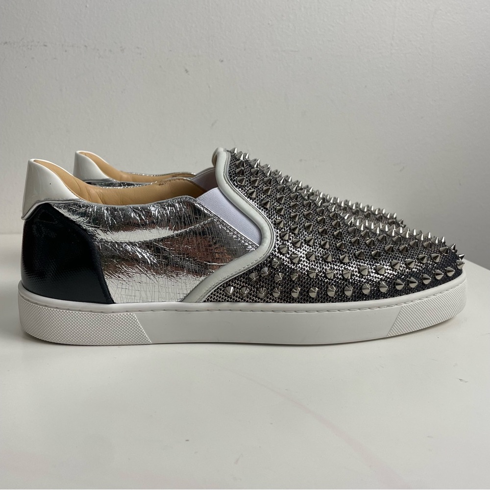 New Christian Louboutin Sneakers Mens 10.5 Spikeboat Metallic Slip On Loafers